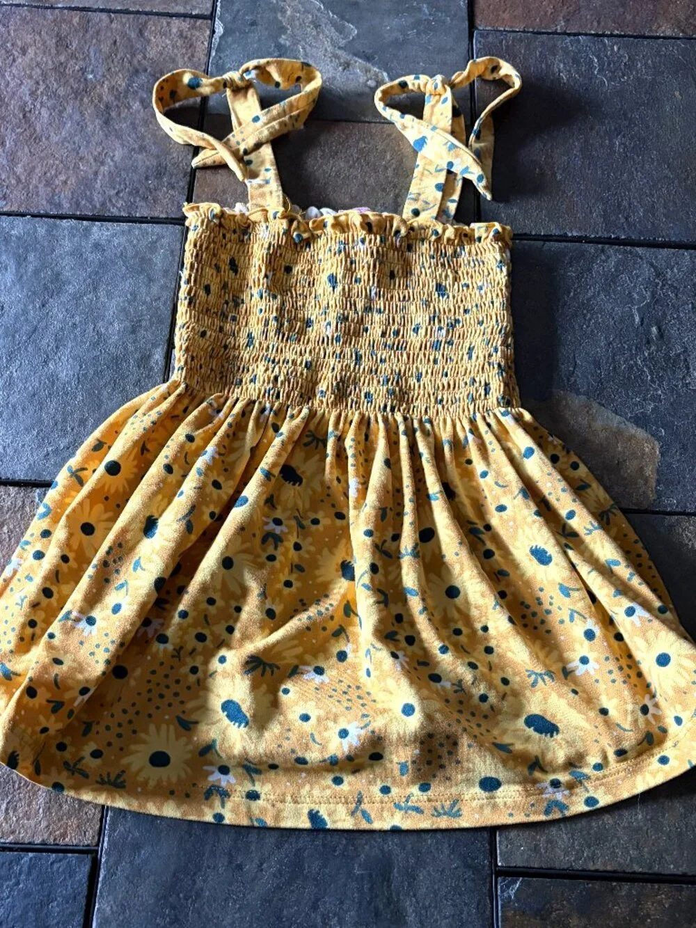 Emma & Elsa girls yellow sunflower sundress smocked tie strap size 7/8